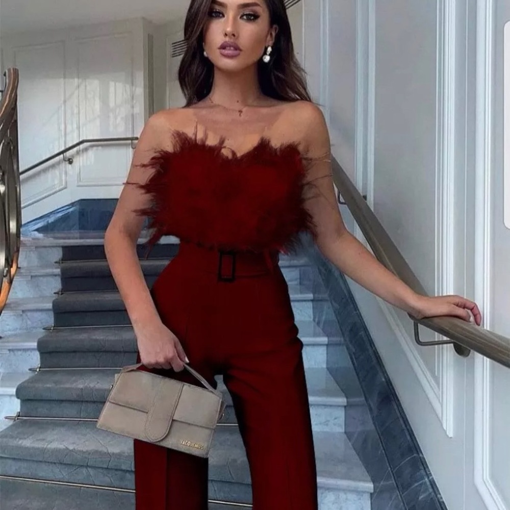 Feathered Bustier Jumpsuit, Wine-Colored